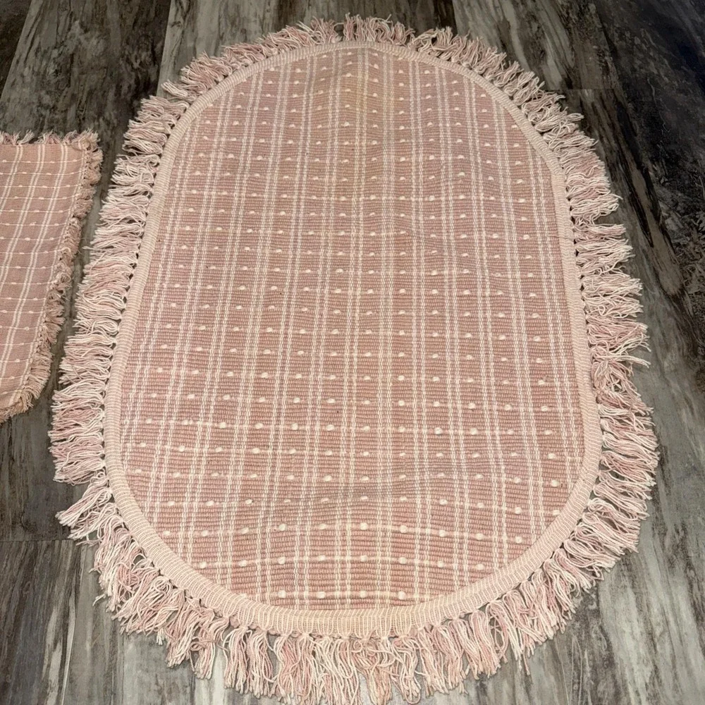 Vintage Woven Pink And White Fringed Cotton Oval Rug And Placemat Cottagecore